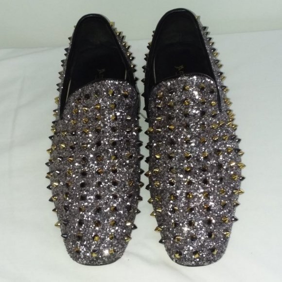 $170  Mens Loafer DRESS Shoes Spikes Glitter Black Gold Slip On Size 10 Fiesso main image 8